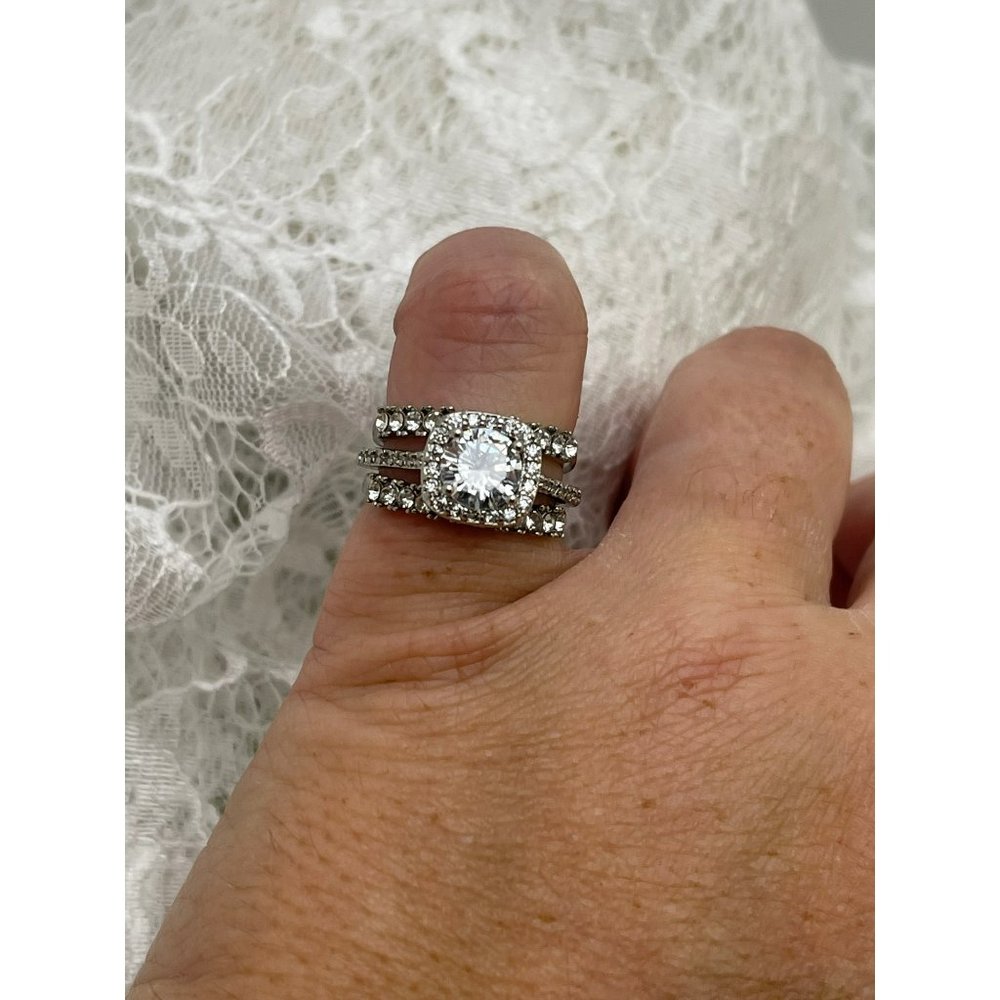 Square Halo Round Cut Faux Diamond Ring & Stacked Ring Set Silver 925- 3 Rings - Picture 2 of 11